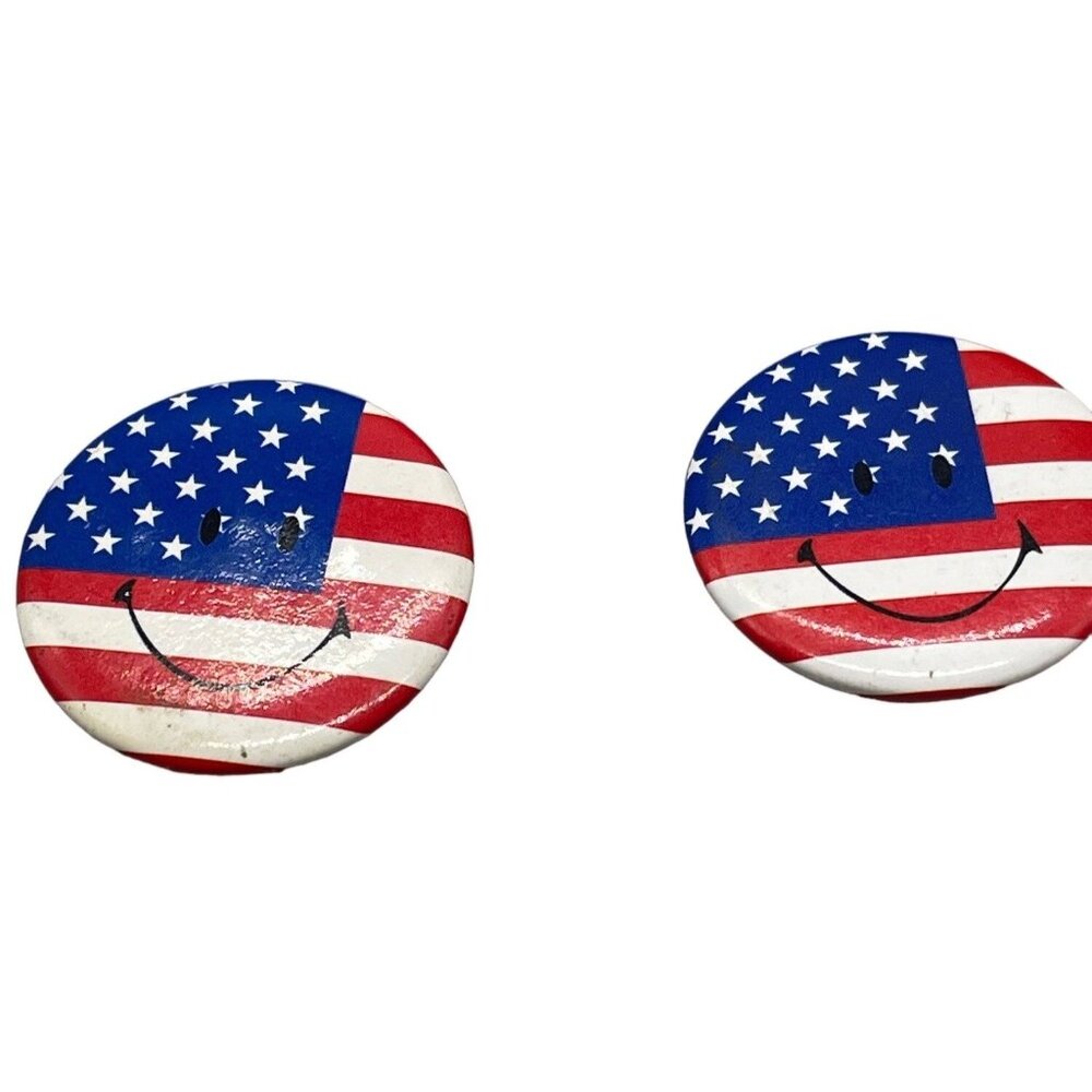 set of 2 American flag smile face red white blue pins without pin back  READ